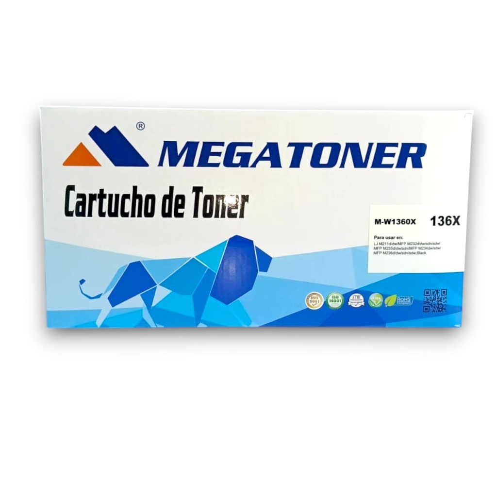 Tóner HP 136X con chip (W1360X) Compatible con HP M211, M232, M233, M234, M236 | Megatoner