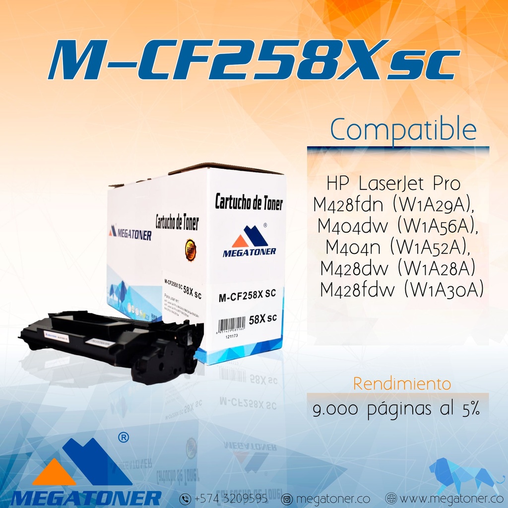 Cartucho de Tóner MEGATONER M-CF258X (58X) Con Chip Compatible con HP (M404, M428) Alto Rendimiento