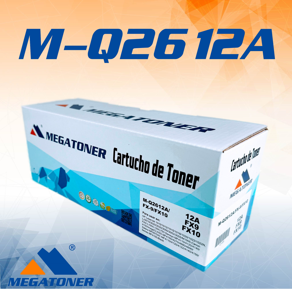 Cartucho de Tóner MEGATONER M-Q2612A/FX9/FX10 (12A/FX9/FX10) Compatible con HP (1010, 1020, 3015, 3020, 3030, 3050, 3052, 3055, M1005)
Canon (FAX-L, iC MF4110, iC MF4122, MF4150, MF4110, MF4120) Alto Rendimiento